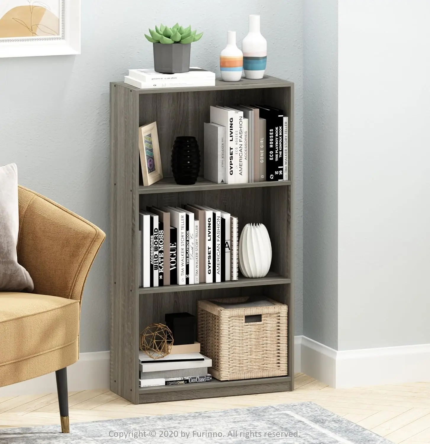 Basic 3-Tier Bookcase Storage Shelves, French Oak Grey bookcase book rack Office, Kitchen, Dorm Room, Living Room, Bedroom