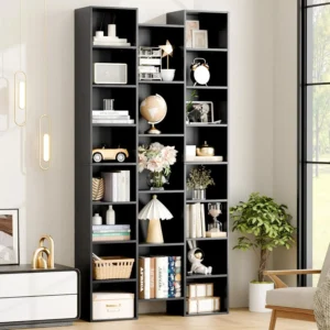 Triple Wide 8 Tier Media Storage Tower Rack, 71" Tall Bookshelf Black Bookshelf with Adjustable Shelves, Large CD DVD Storage