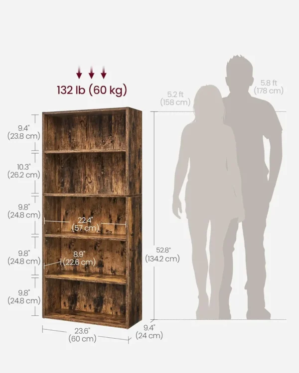 Bookshelf, 23.6 Inches Wide, 5-Tier Open Bookcase with Adjustable Storage Shelves - Image 3