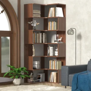 6-Tier Corner Bookshelf, 75" Tall Solid Wood Bookshelf Organizer, Open Bookcase, Large Display Shelf Rack for Living Room