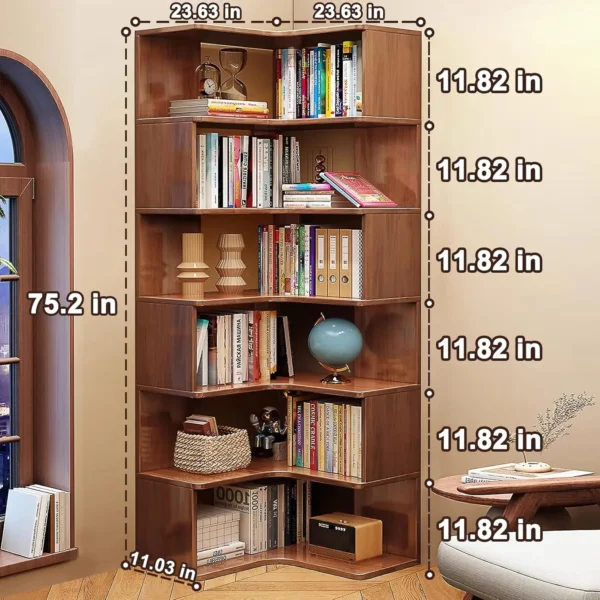 6-Tier Corner Bookshelf, 75" Tall Solid Wood Bookshelf Organizer, Open Bookcase, Large Display Shelf Rack for Living Room - Image 3