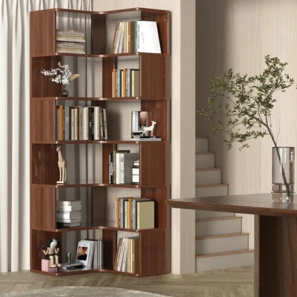 6-Tier Corner Bookshelf, 75" Tall Solid Wood Bookshelf Organizer, Open Bookcase, Large Display Shelf Rack for Living Room - Image 4